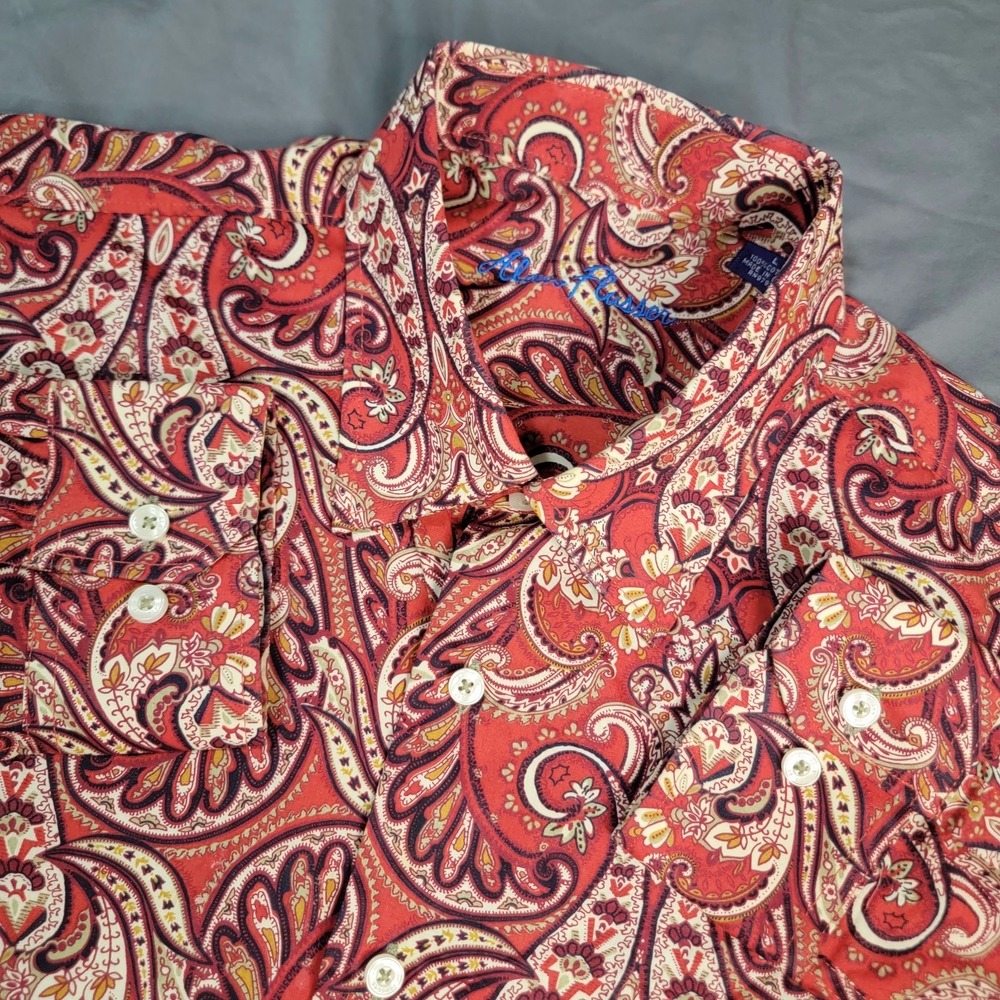 Alan Flusser Paisley Shirt Mens Large Long Sleeve Button Down Red Gold AOP
